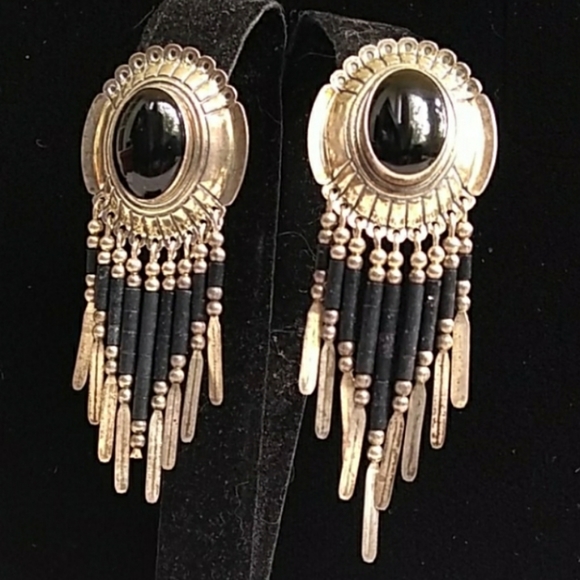 VINTAGE STC Sterl.Silver Onyx Concho Fringe Drop Earrings **WKEND SALE PRICE** - Picture 2 of 12